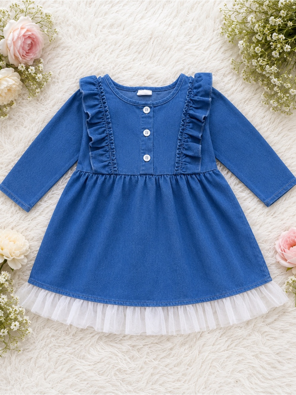 Blue Ruffle Front Long-Sleeve Girls' Dress with Tulle Hem